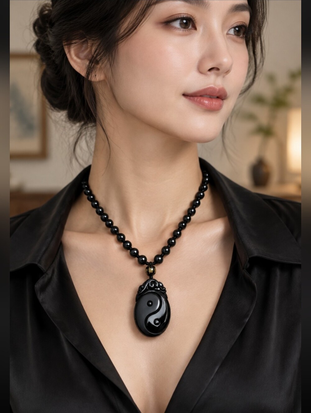 Natural Black Obsidian Carved Yin And Yang Bagua Necklace Unisex